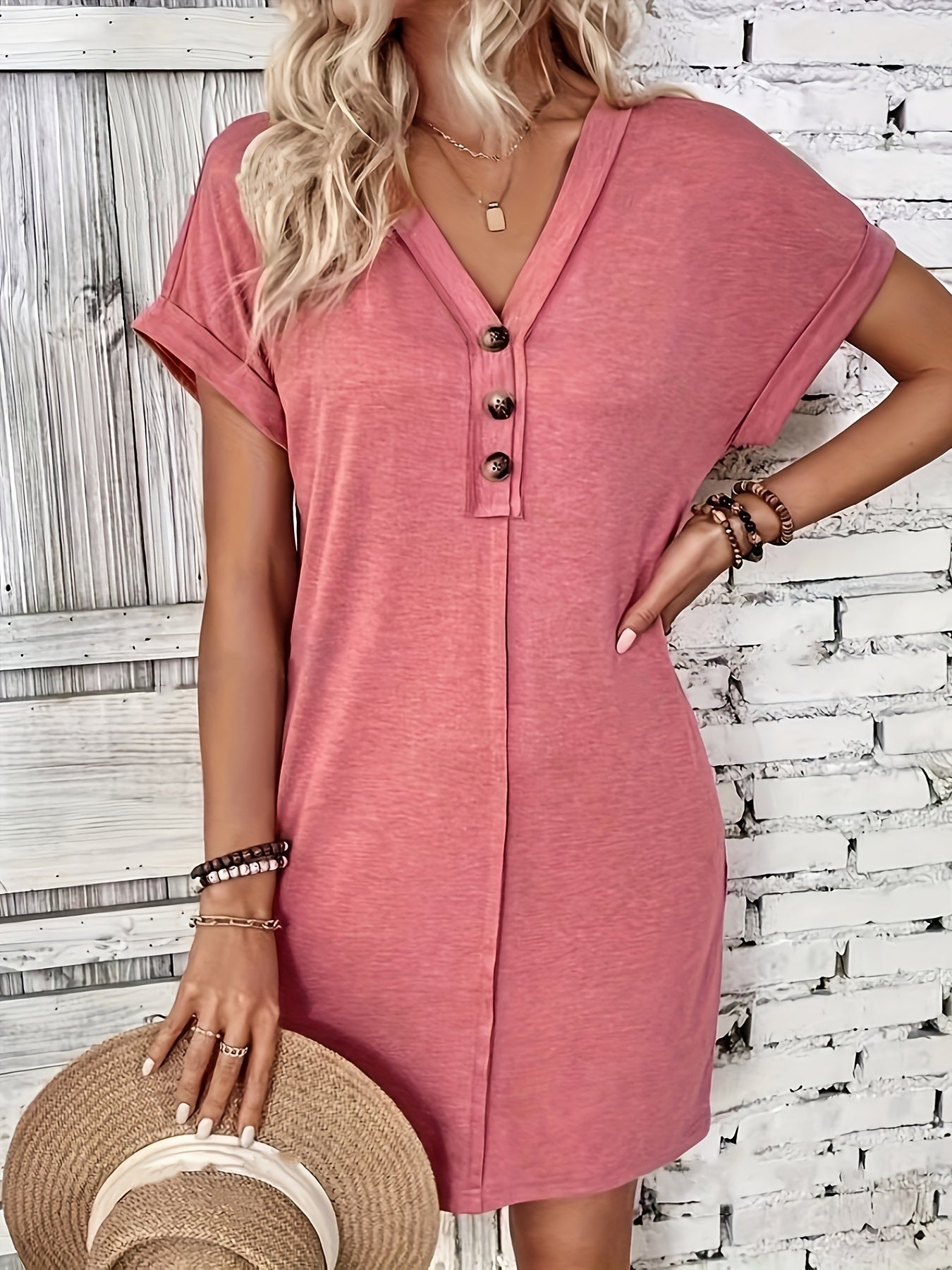 Solid Color V-Neck Batwing Sleeve Midi Dress