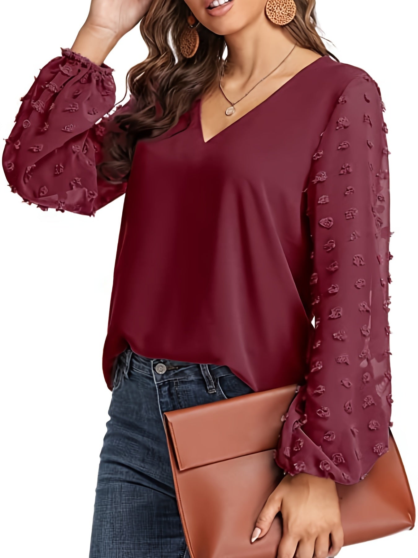 Swiss Dot Sleeve Shirt, Casual V Neck Solid Shirt