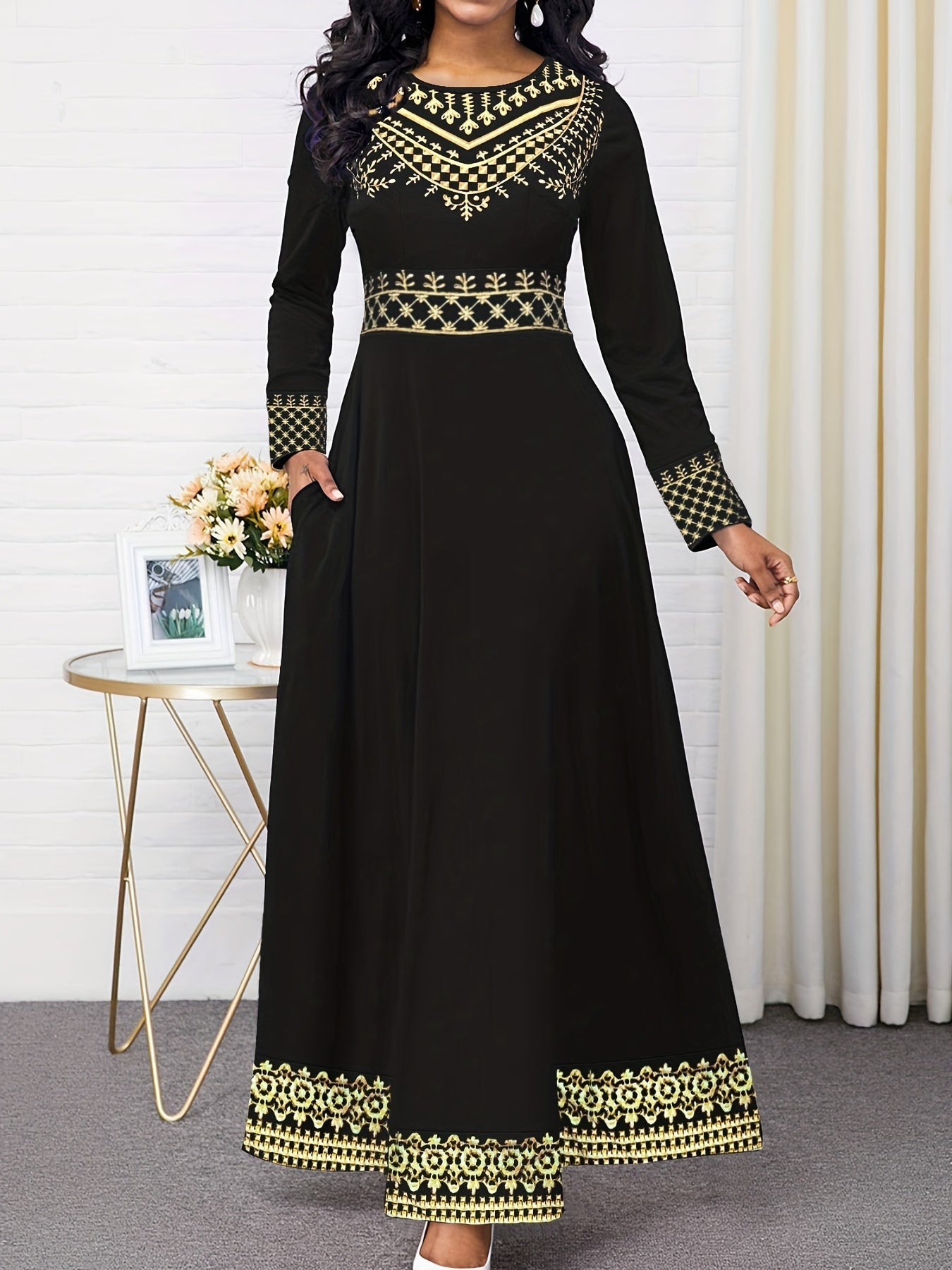 Vintage Print Long Sleeve Elegant Dress, Crew Neck Long Sleeve Dress