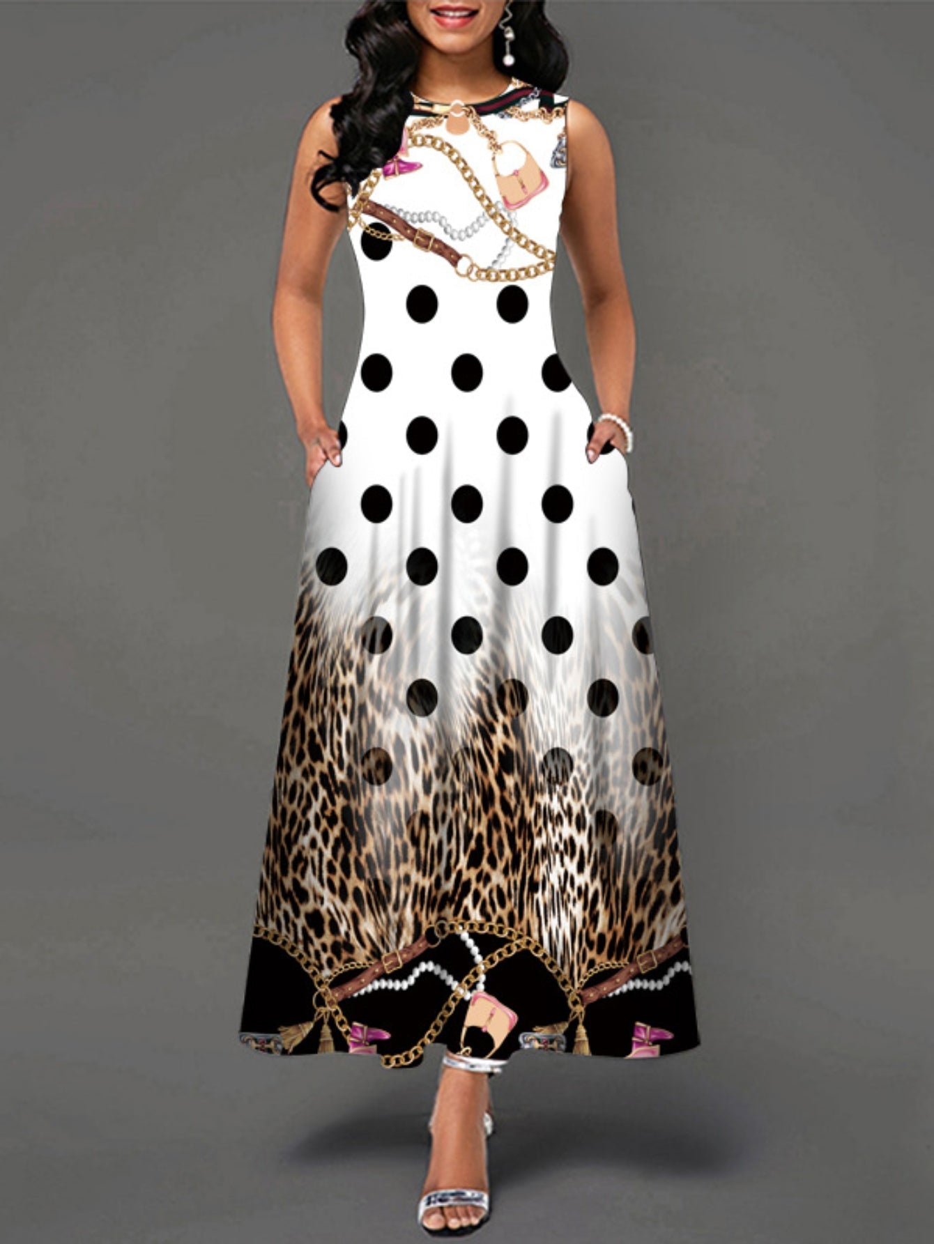 Casual Tank Dress, Colorblock Floral Print Cut Out Round Neck Medium Stretch Maxi Tank Dress