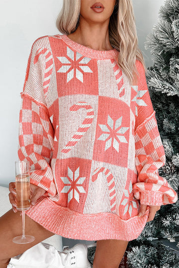 Pink Candycane Snowflake Checker Christmas Holiday Drop Shoulder Tunic Loose Sweater