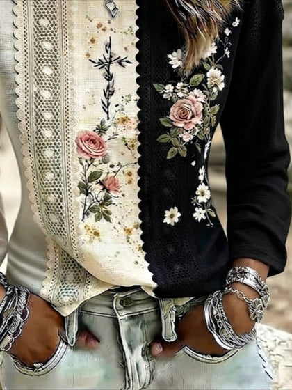 Crew Neck Long Sleeve Floral Modern Casual Regular T-shirt