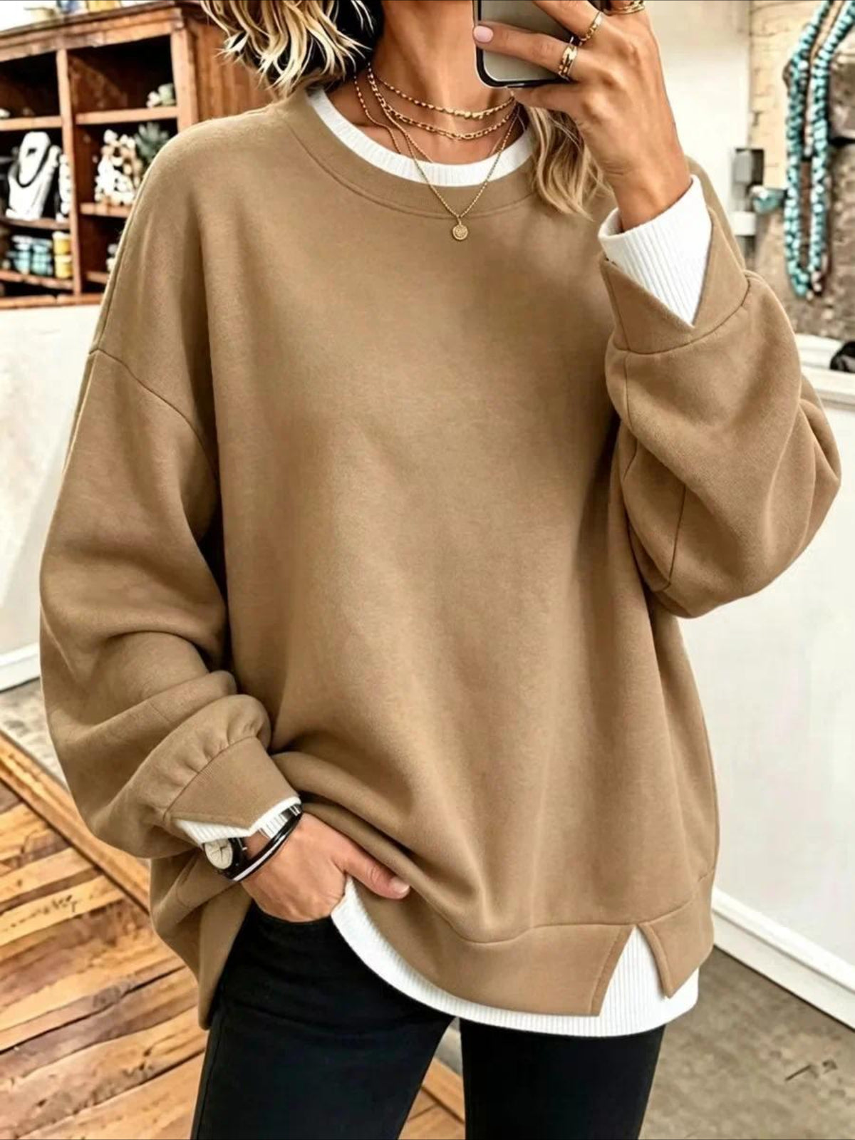 Plain Crew Neck Split Joint Casual Spring/Fall Long Sleeve Sweatshirt