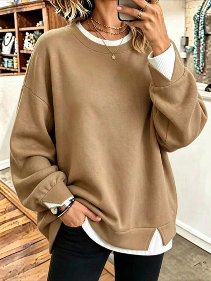 Plain Crew Neck Split Joint Casual Spring/Fall Long Sleeve Sweatshirt