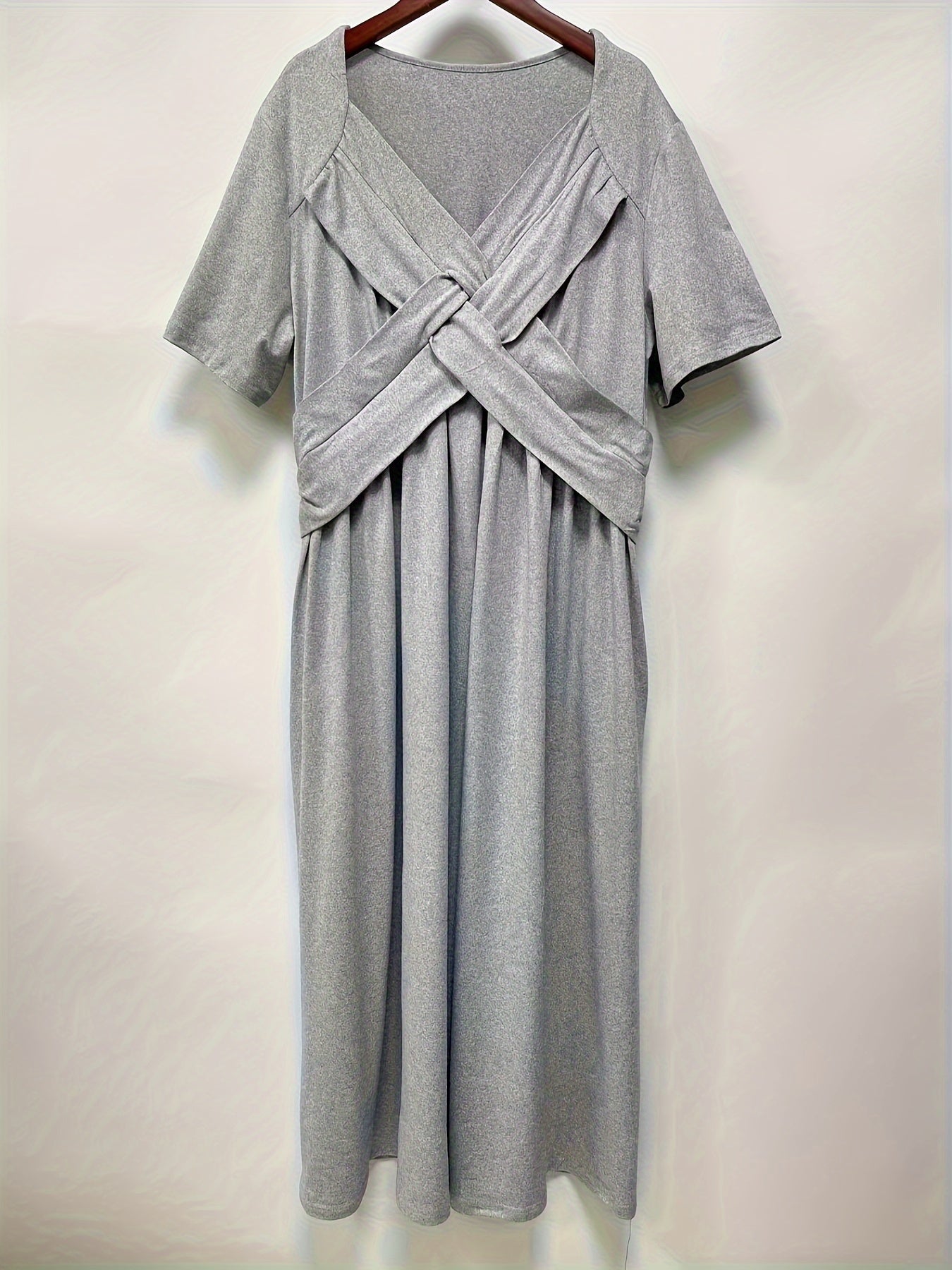 Solid V Neck Dress, Casual Criss Cross Short Sleeve Dress