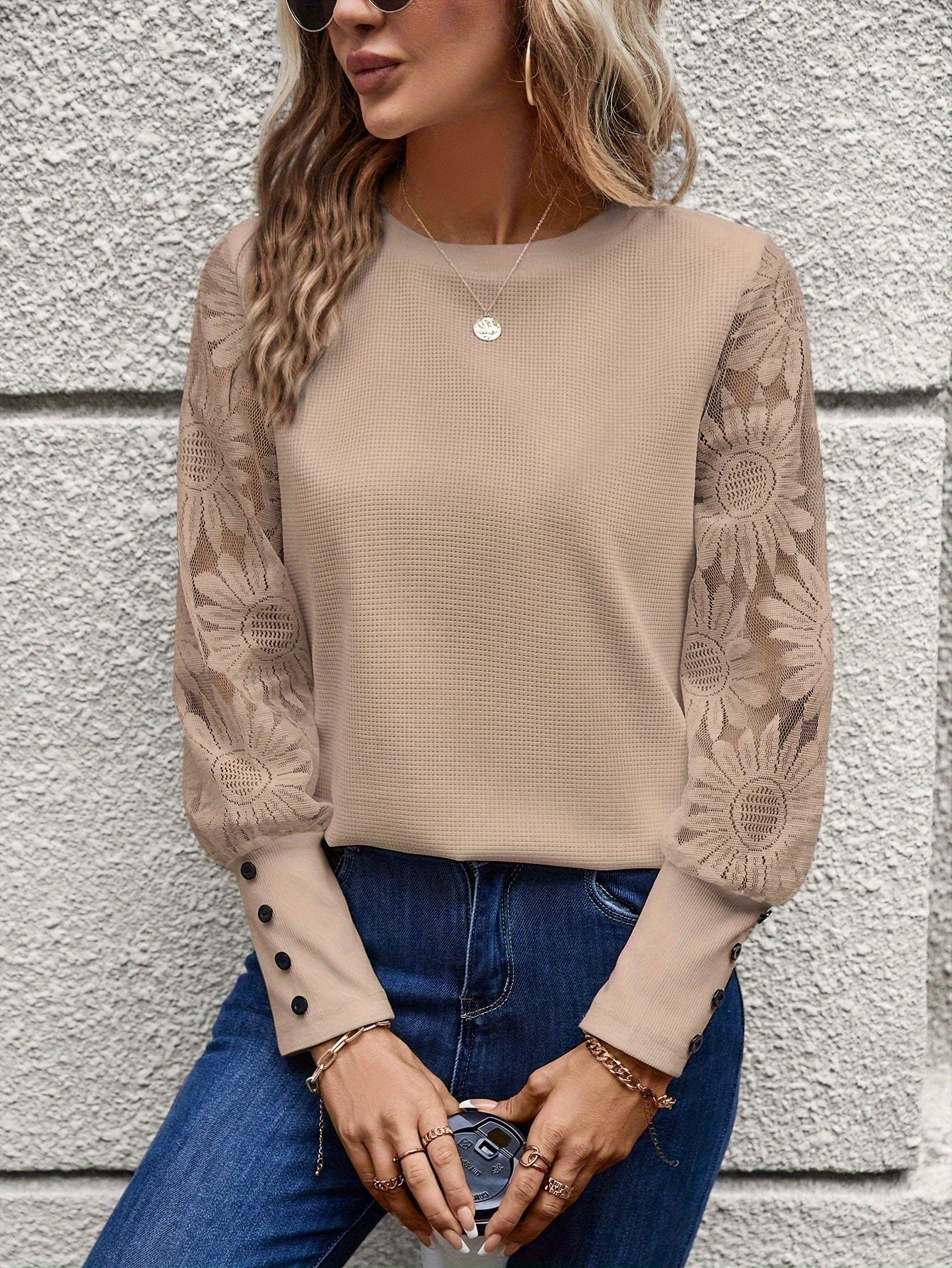 Floral Lace Splicing Elegant T-Shirt, Crew Neck Long Sleeve T-Shirt