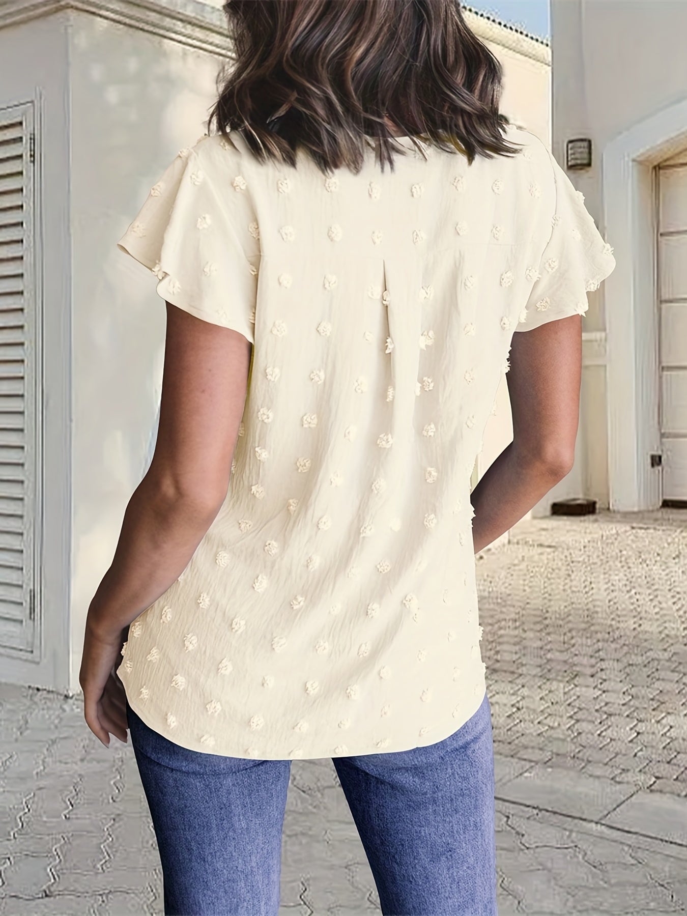 Swiss Dot V Neck Blouse, Casual Ruffle Sleeve Blouse