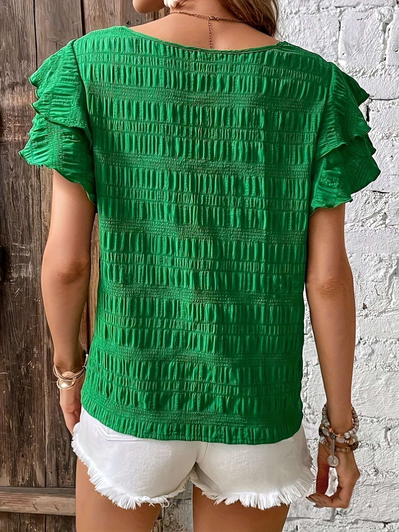 Textured Butterfly Sleeve Blouse, Elegant Solid Color Crew Neck Top
