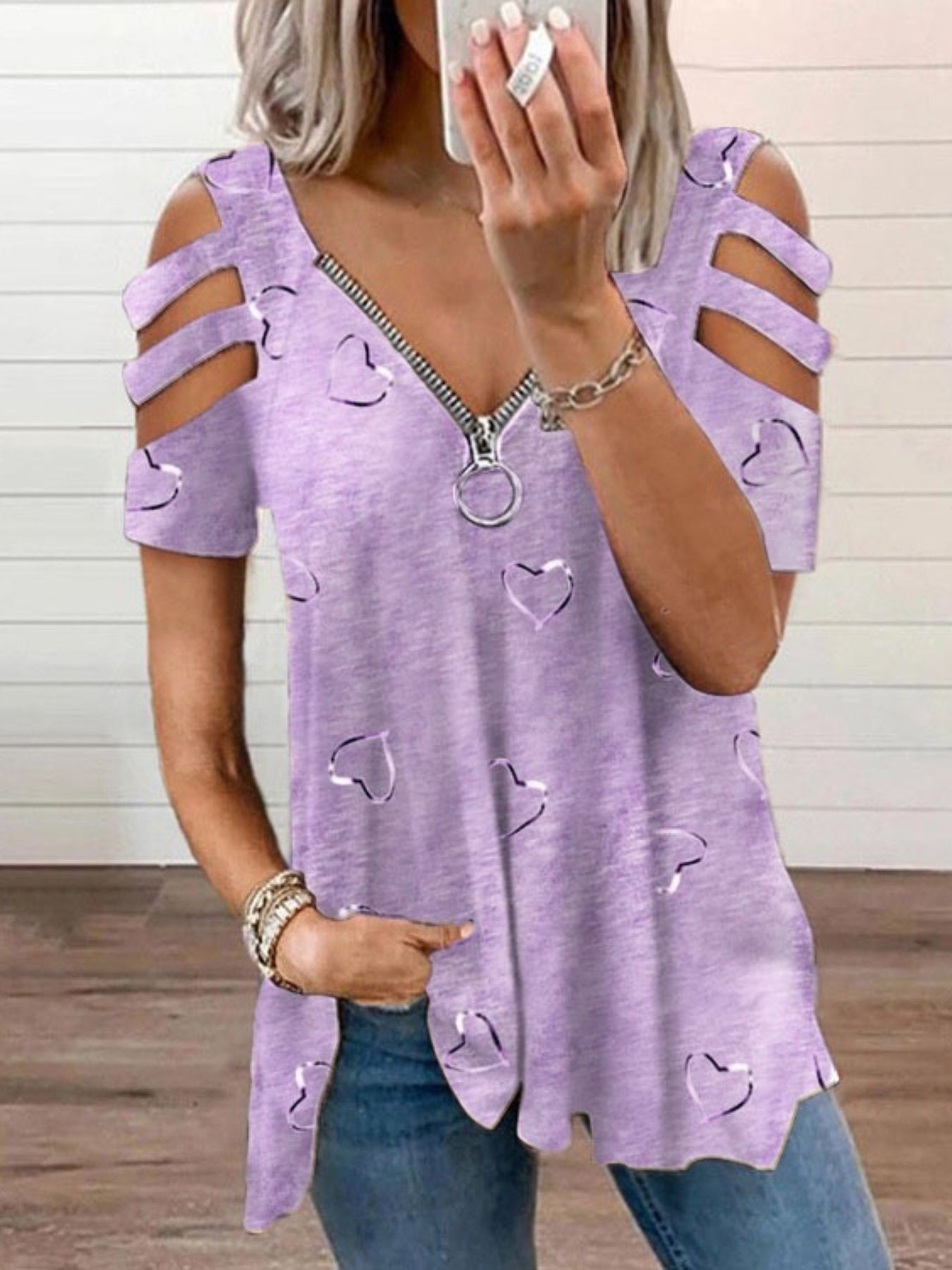 Women's Heart Print Cut Out T-Shirt with Zipper V Neck and Short Sleeves - Casual Everyday Top for Comfort and Style