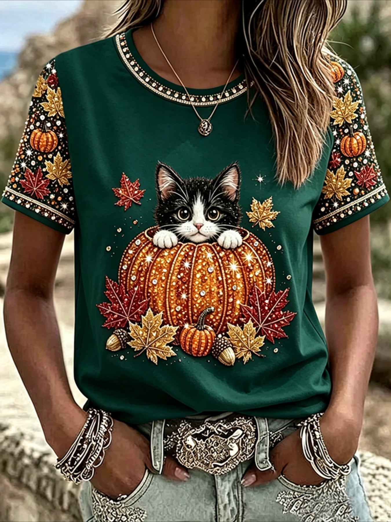 100% Cotton Casual Orange Maple Leaf Printing Crew Neck Short Sleeve T-shirt