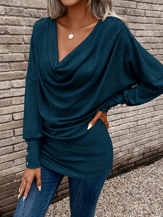 Solid Cowl Neck T-shirt, Casual Long Sleeve Top