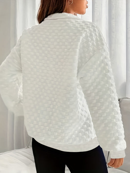 Solid Textured Zipper Sweatshirt, Casual Long Sleeve Drop Shoulder Sweatshirt