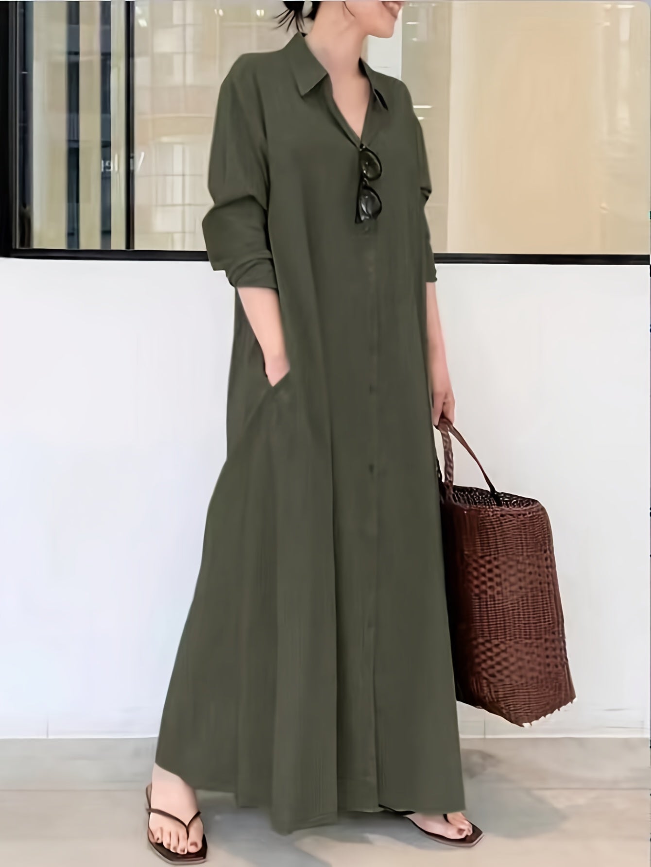 Solid Color Single Breasted Simple Dress, Elegant Long Sleeve Maxi Loose Dress