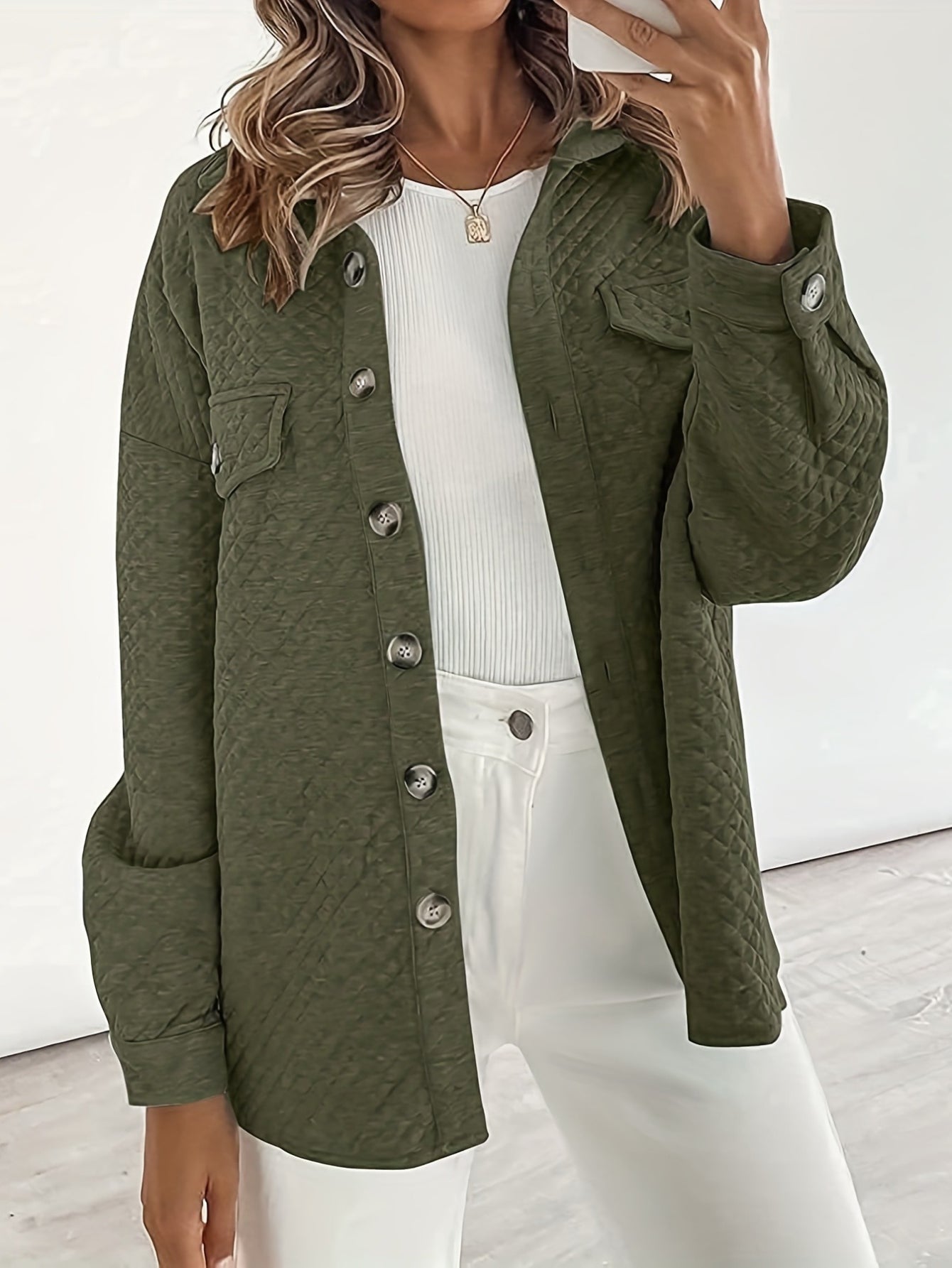 Textured Button Front Jacket, Casual Fake Pockets Long Sleeve Jacket