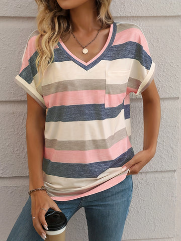 Stripe Print V Neck T-Shirt, Casual Short Sleeve T-Shirt
