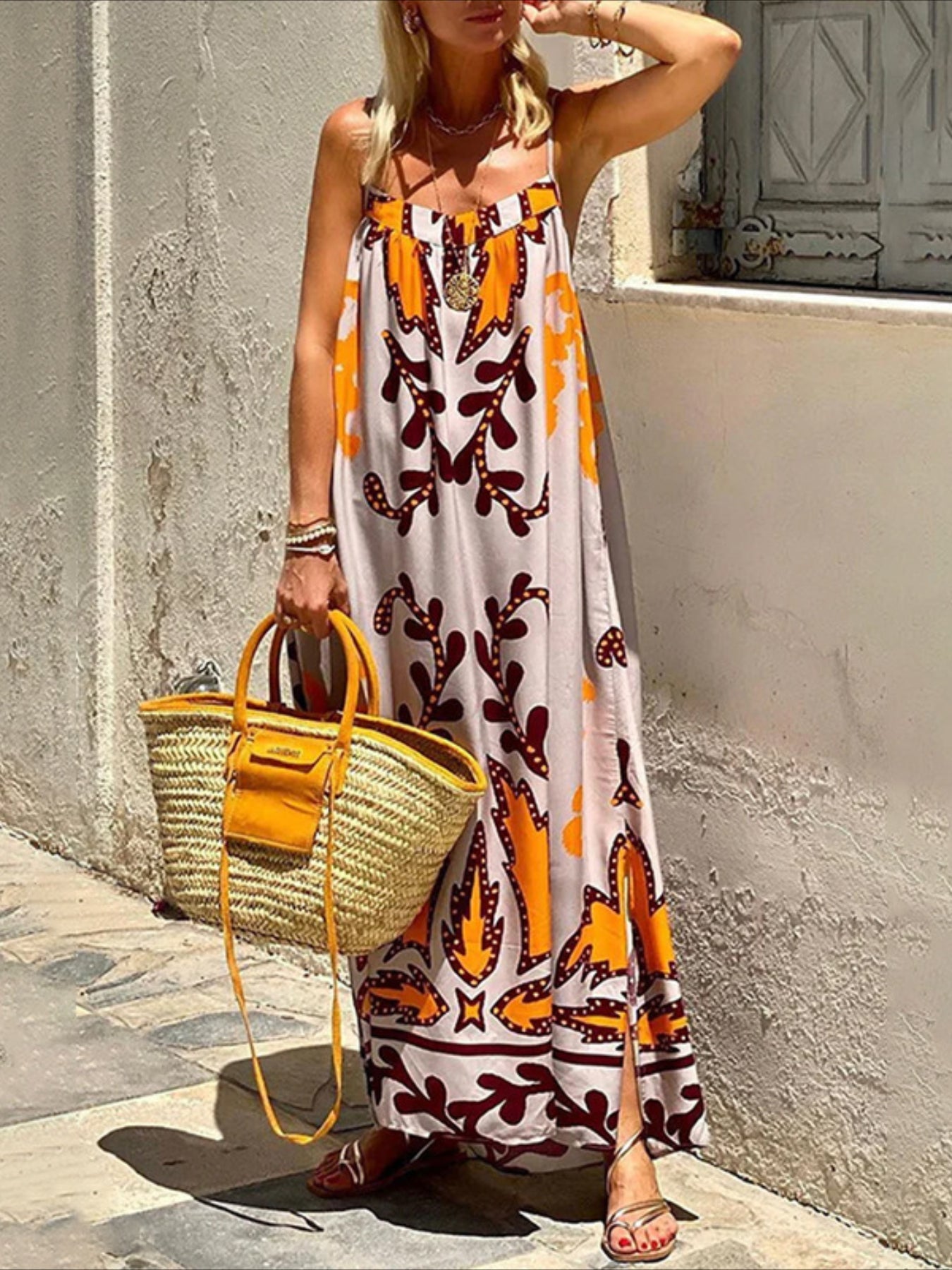 Cartoon Drawstring Print Shirred Cami Dress, Elegant Sleeveless Spaghetti Strap Dress