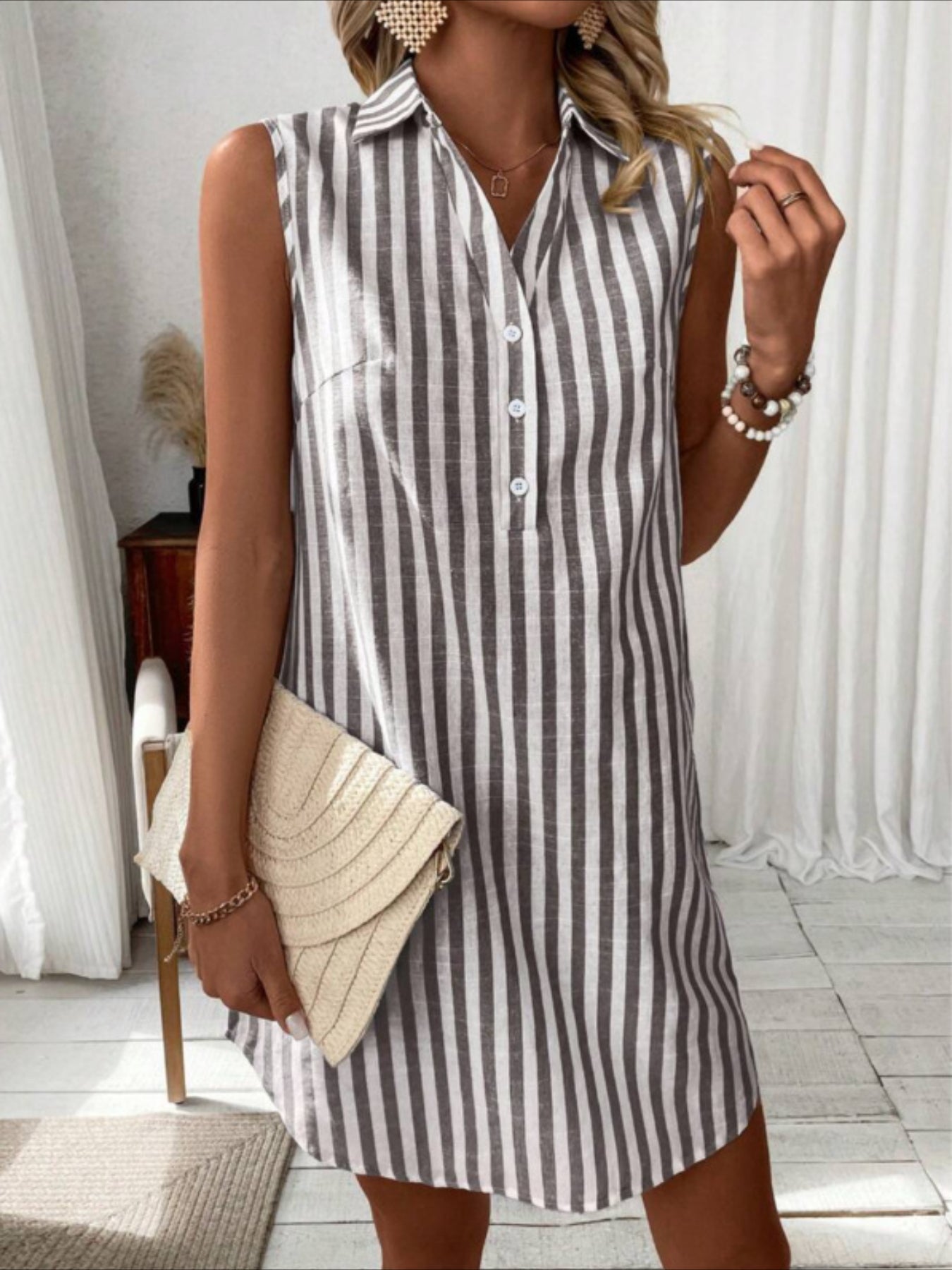 Striped Print Button Front Casual Sleeveless Loose Fit Dress