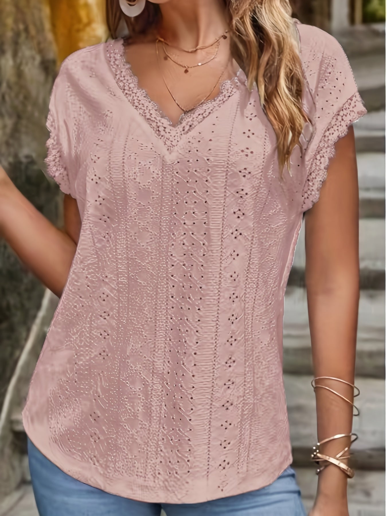 Elegant T-shirt, Women's Eyelet Embroidery Contrast Lace Trim V Neck Short Sleeve Slight Stretch T-shirt