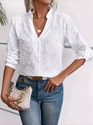 Eyelet Embroidery Notch Neck Blouse, Casual Long Sleeve Top