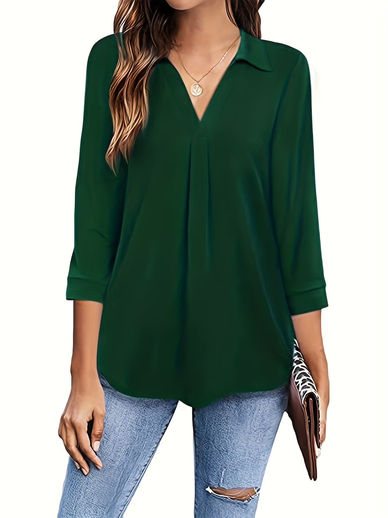 Solid V-neck Blouse, Casual 3/4 Sleeve Blouse