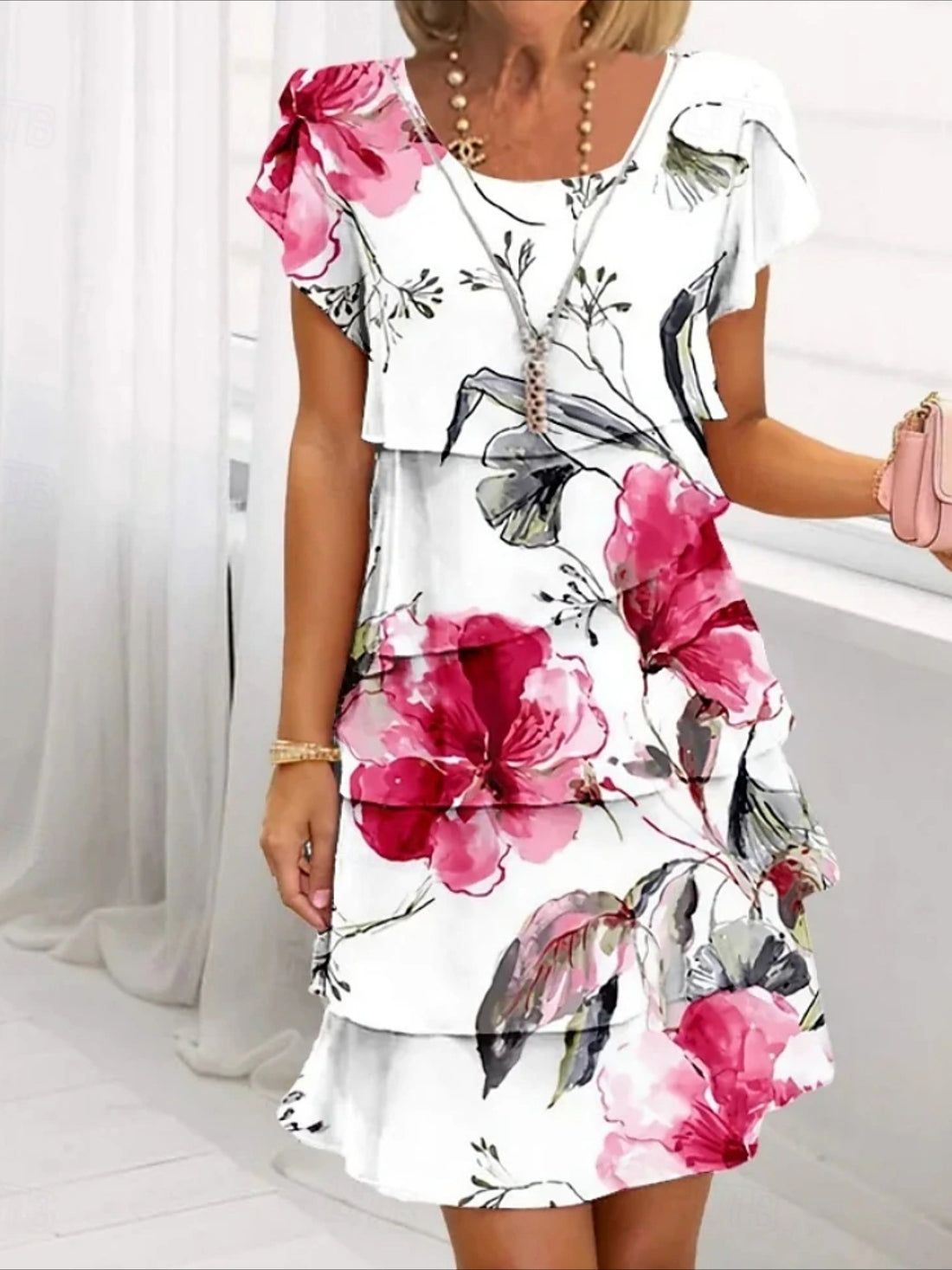 Elegant Daily Regular Fit Floral Geometric Short Sleeve Crew Neck Midi Dress