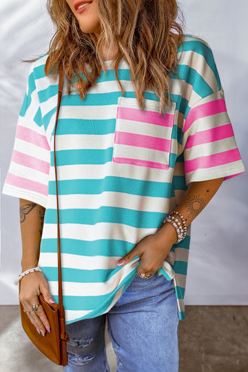 Blue Stripe Contrast Patch Pocket Drop Sleeve T Shirt