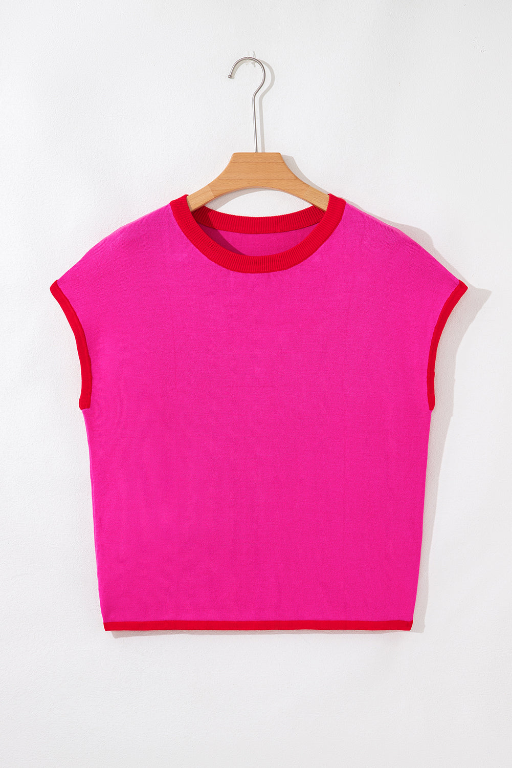 Rose Red Contrast Trim Round Neck Short Sleeve Loose Knit Sweater