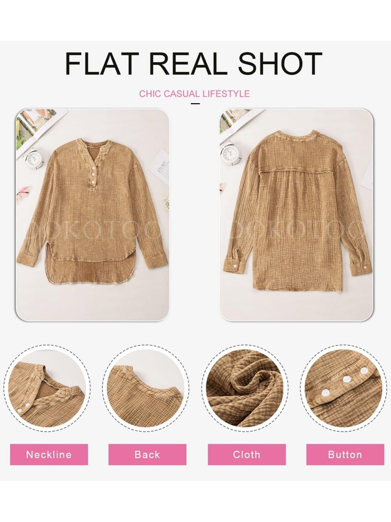 Long Sleeve Button Solid Color Pleated Detail Casual Oversized V-Neck Blouse