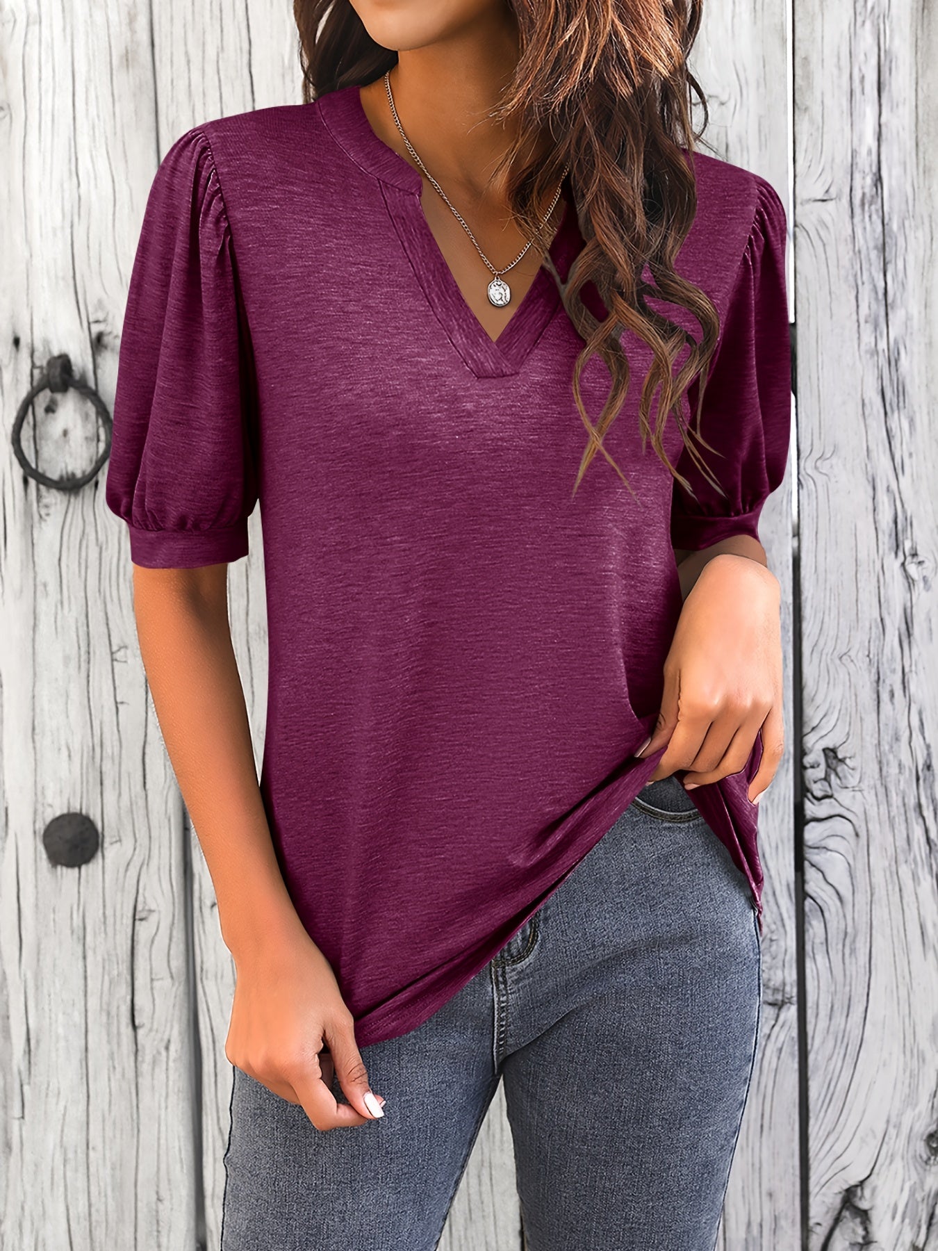 Solid Puff Sleeve T-Shirt, V Neck Short Sleeve T-Shirt, Casual Every Day Tops