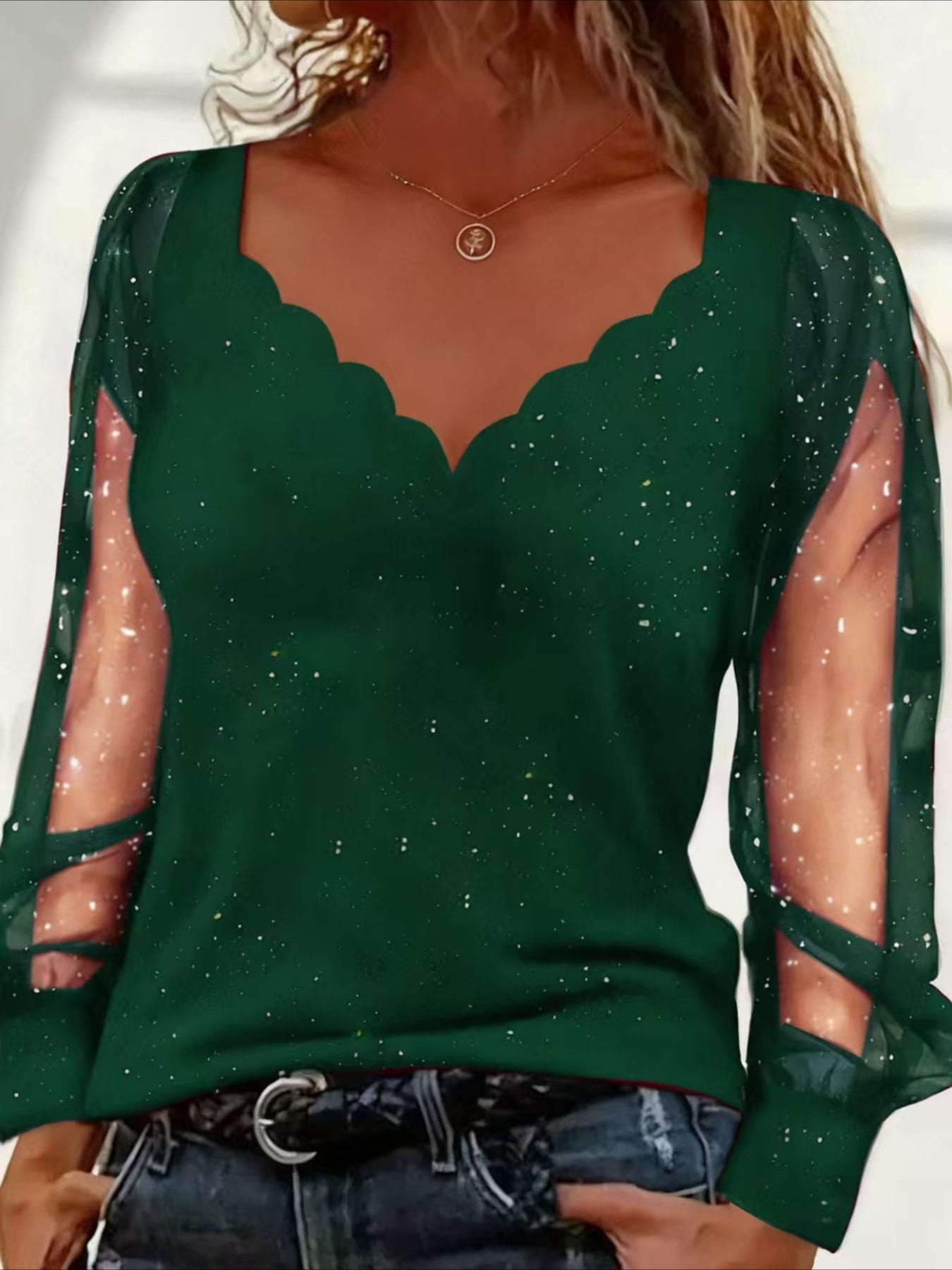 Sexy V-Neck Sequin Mesh Splicing Long Sleeve T-Shirt Casual Party Top
