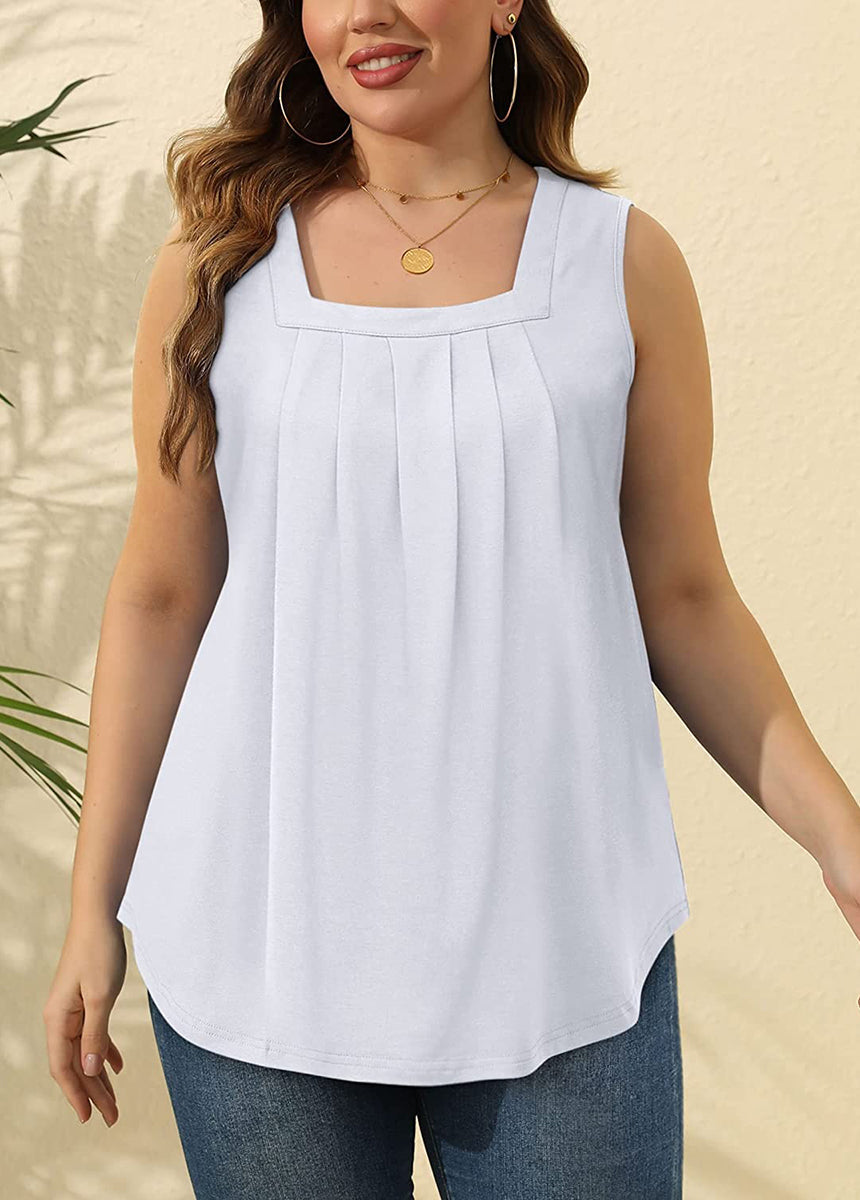 Pleated Square Neck Printed Sleeveless Vest Top