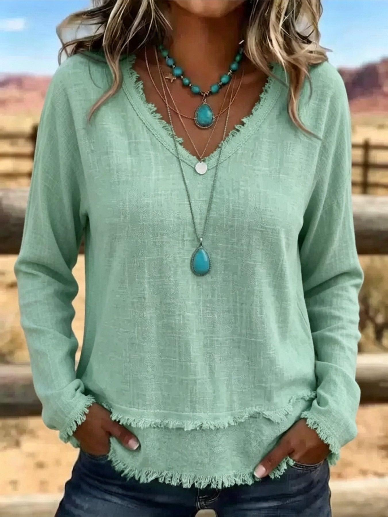 Solid Color Loose V Neck Beard Edge Long Sleeve T-shirt