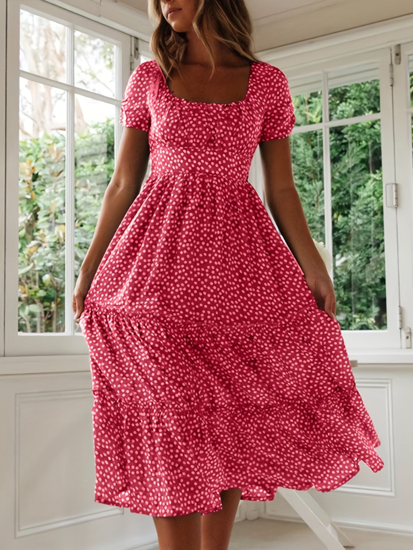 Polka Dot Ruffle Hem Dress, Casual Square Neck Short Sleeve Dress