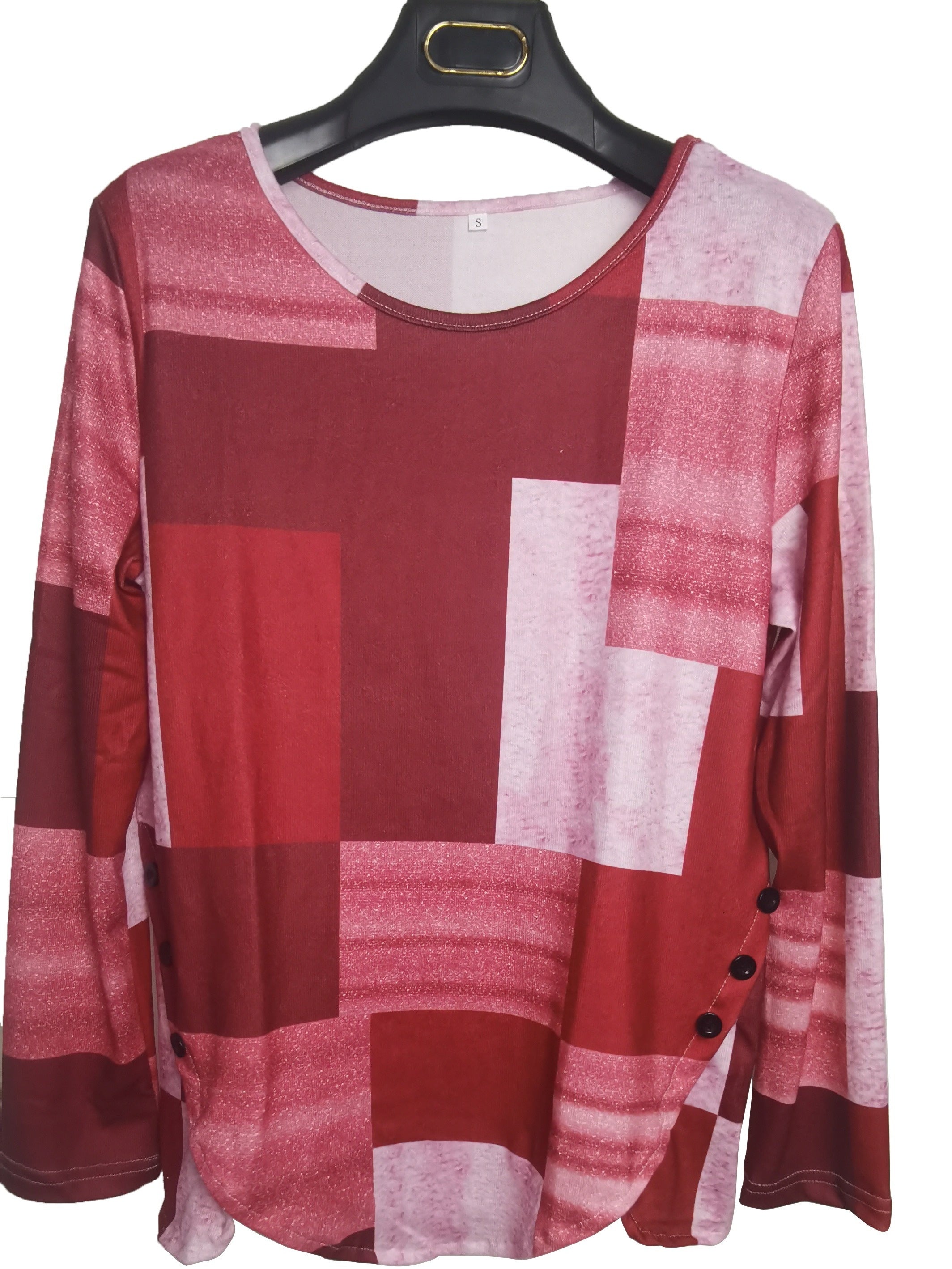 Colorblock Long Sleeve Round Neck Button Decor Asymmetrical Hem Slight Stretch T-shirt