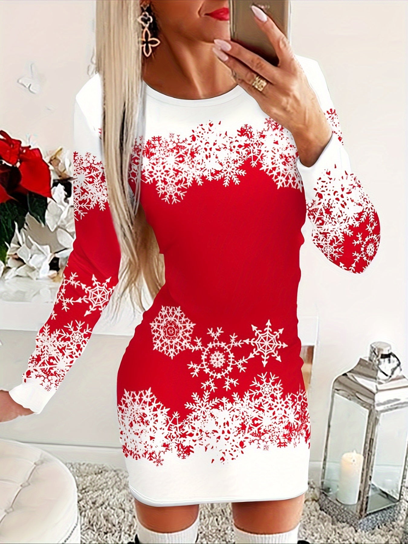 Christmas Snowflake Print Mini Dress, Casual Crew Neck Long Sleeve Dress