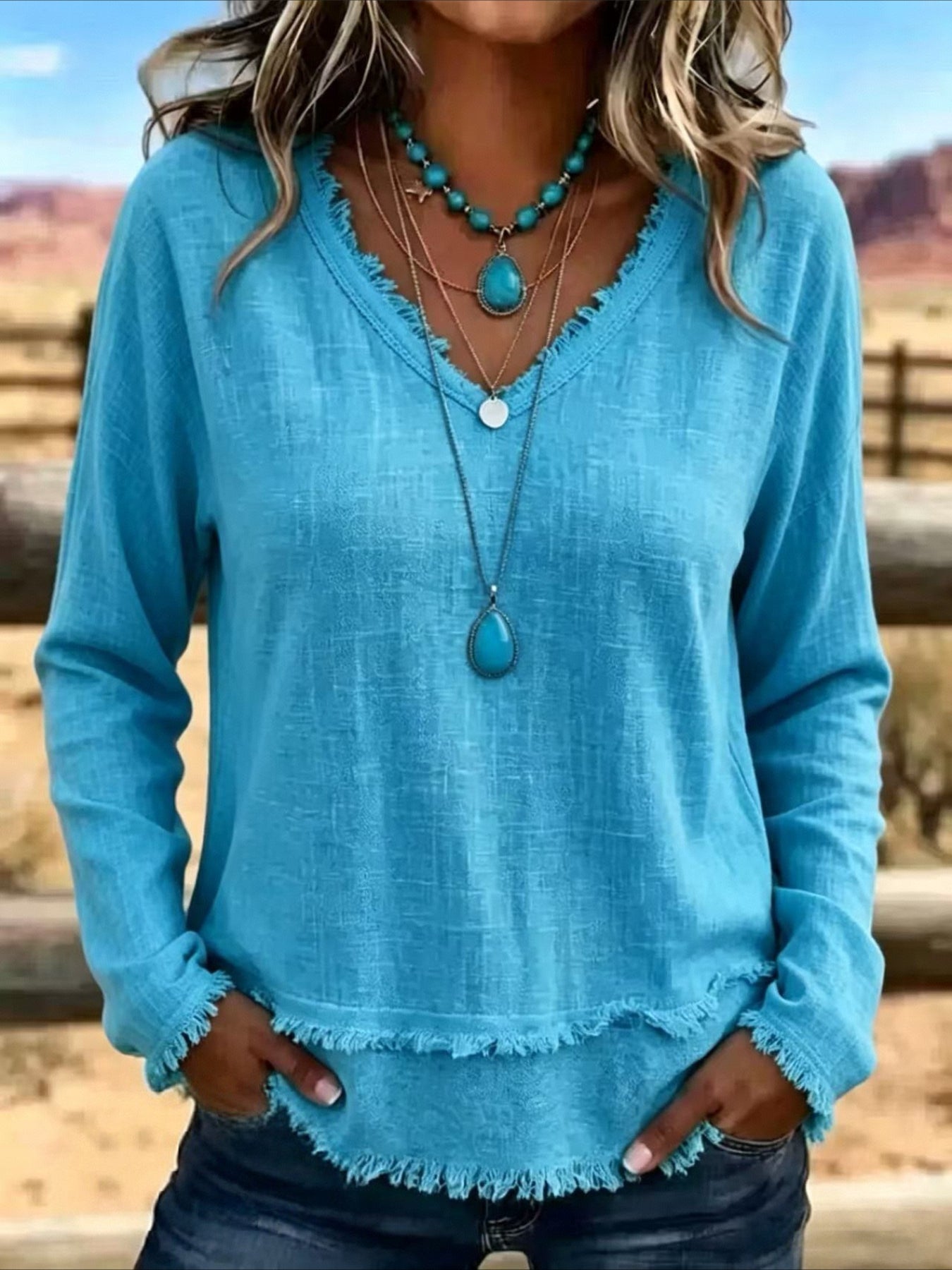 Solid Color Loose V Neck Beard Edge Long Sleeve T-shirt