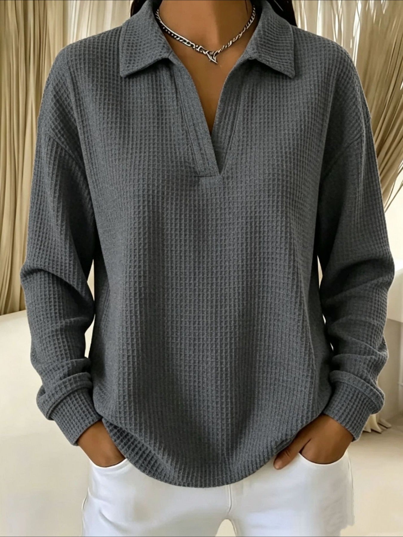 Waffle Lapel Neck Long Sleeve Polo Top