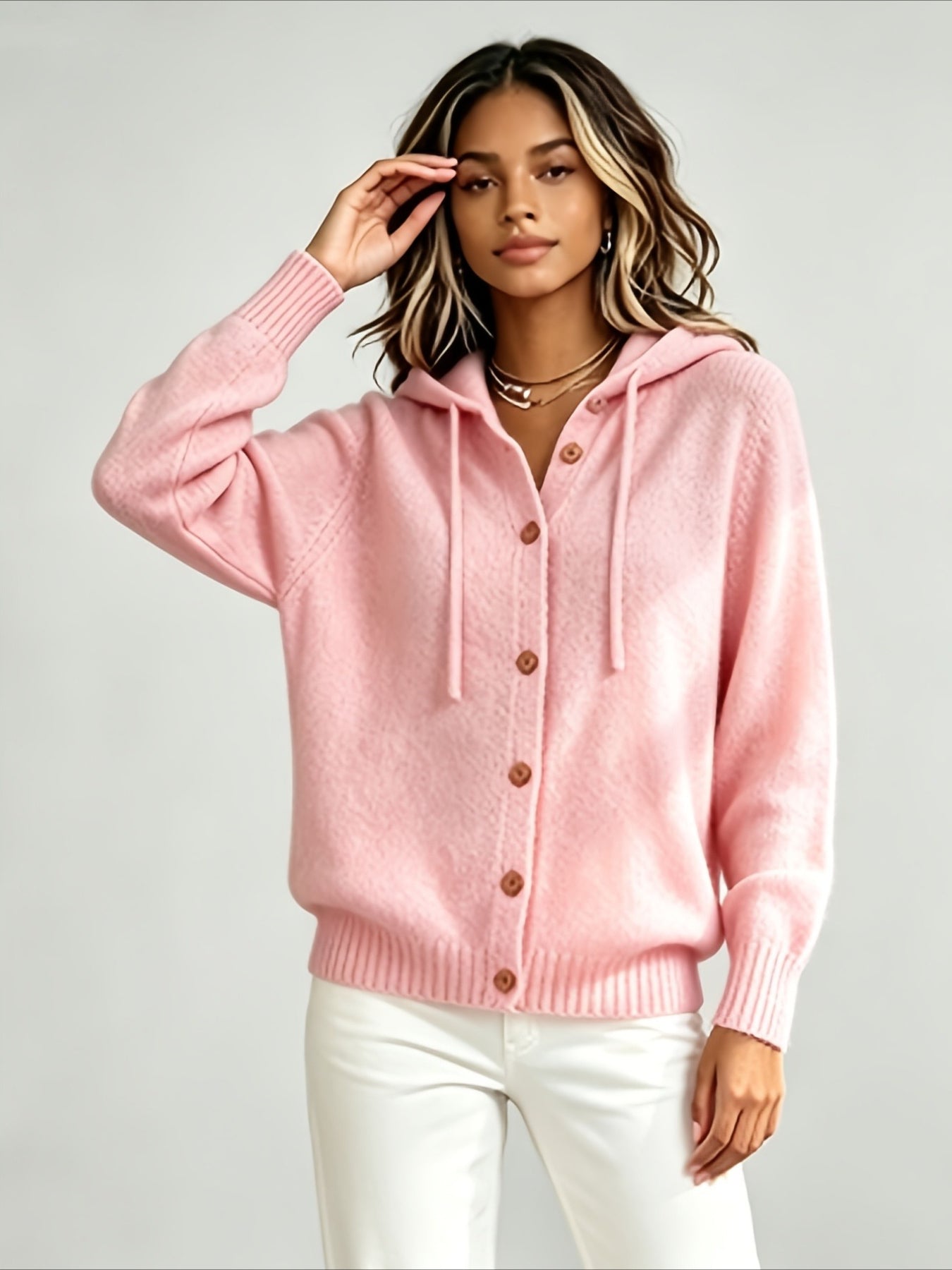 Solid Color Casual Hooded Cardigan Coat with Buttons