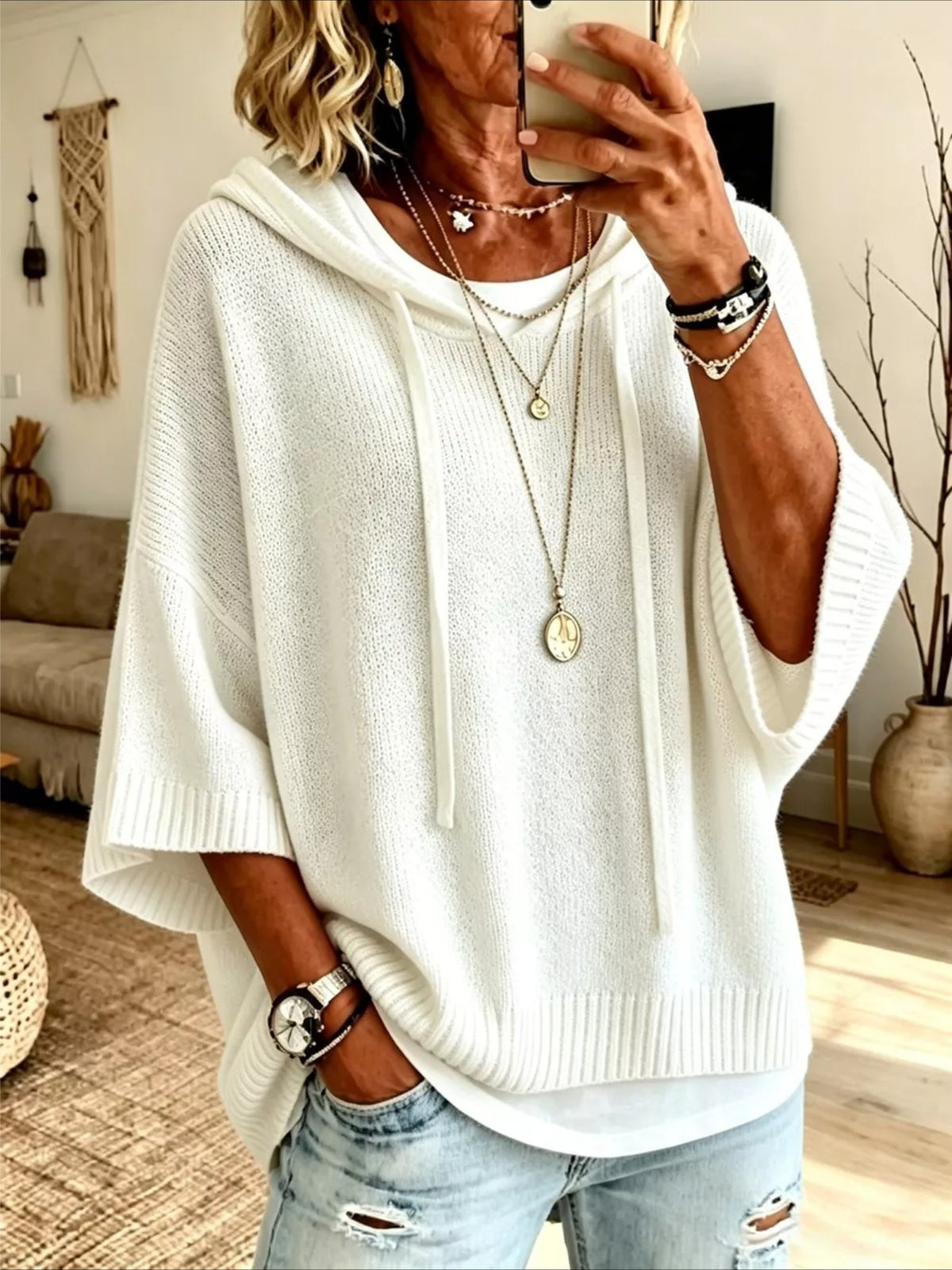Solid Color Casual Hooded Batwing Sleeve Knit Sweater