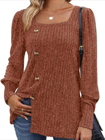 Chic Square Neck Rib Knit Sweater - Casual Comfort with Stylish Button Detail, Long Sleeve Split Design