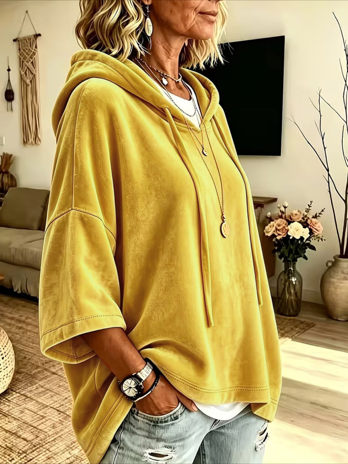 Loose Fit Velvet Hoodie with Three-Quarter Batwing Sleeves