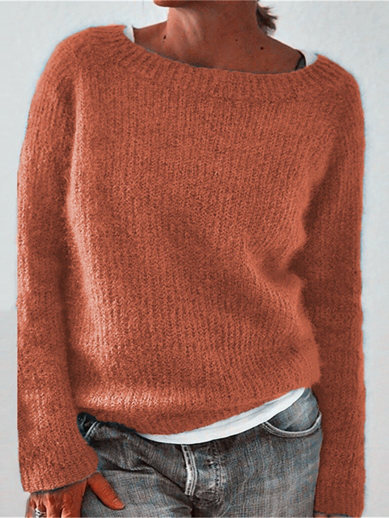 Solid Color Pullover Casual Long Sleeve Cozy Crew Neck Knit Sweater