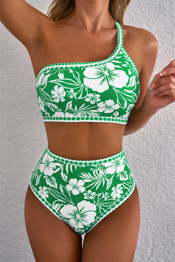 Green Floral Print One Shoulder High Waist Bikini Set