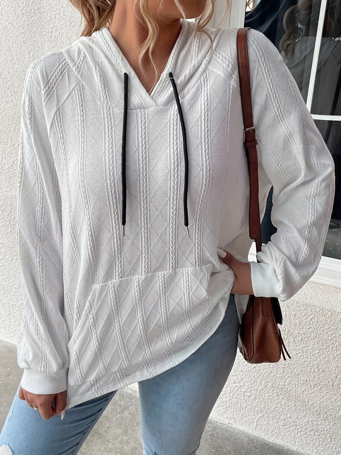 Solid Textured Long Sleeve Drawstring Hooded Pullover Sweatshirt With Kangaroo Pockets