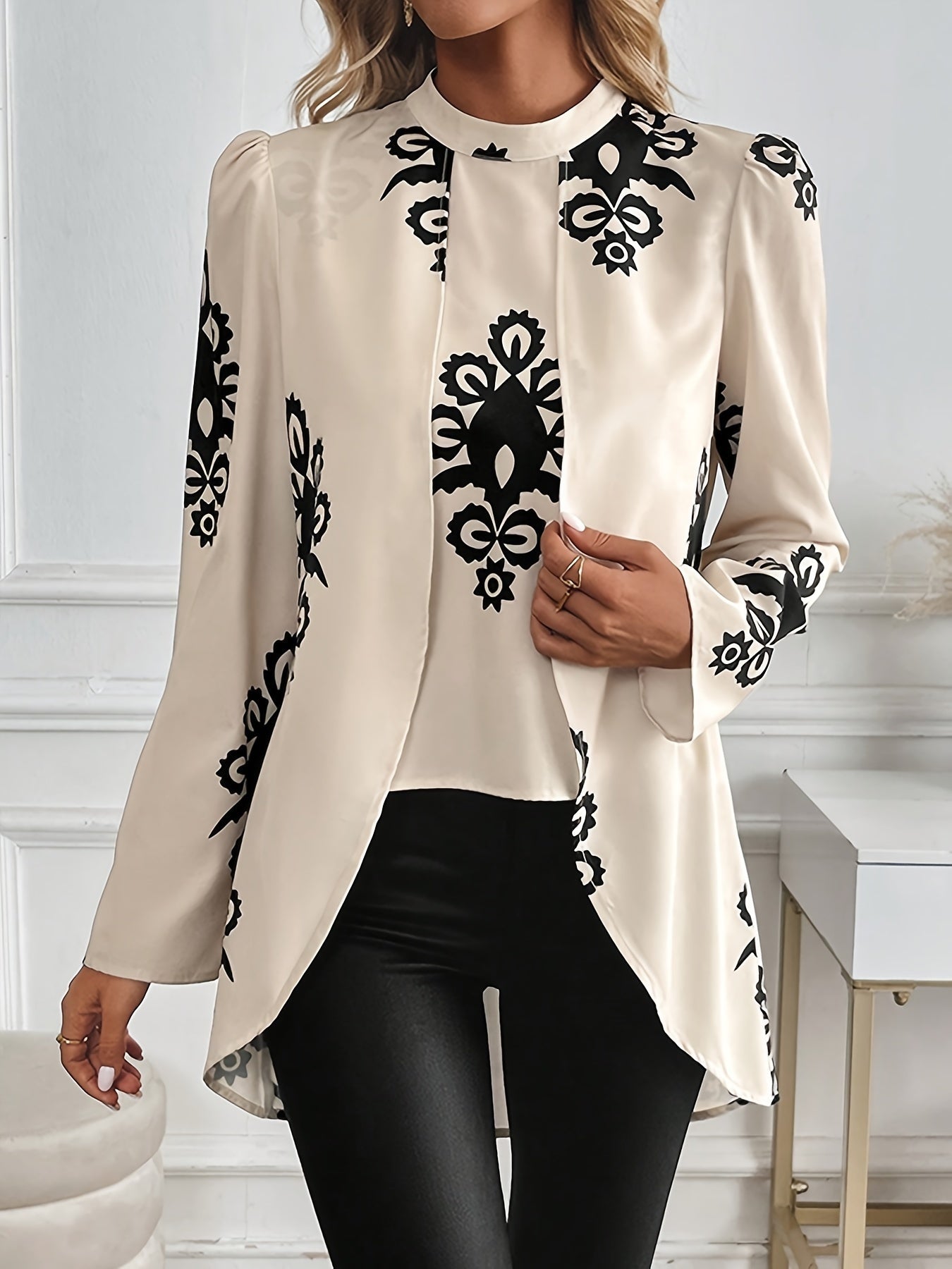 Women's Printed Collar Shirt, Elegant Long Sleeve Blouse