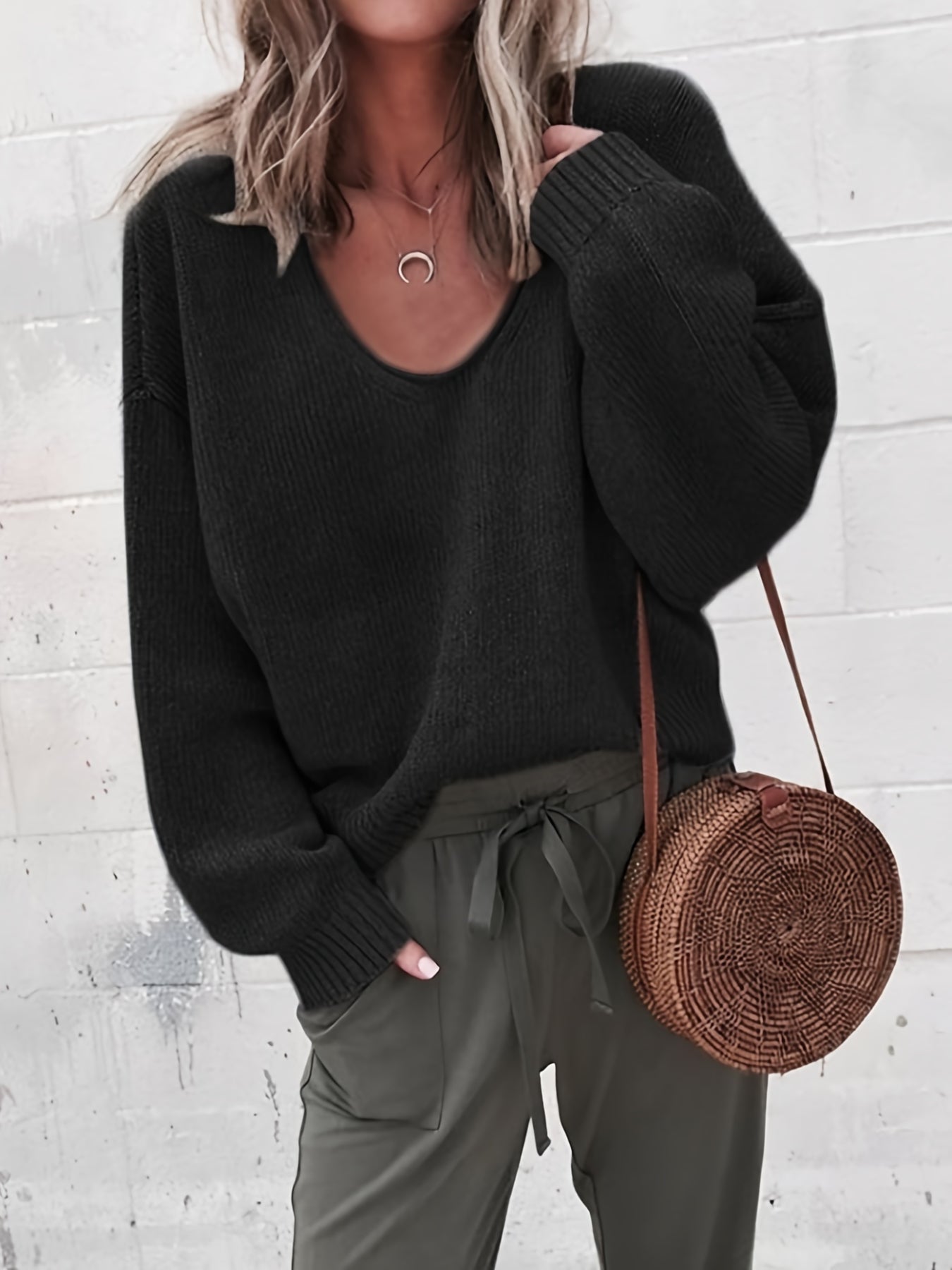 Solid Color V Neck Sweater, Casual Long Sleeve Sweater