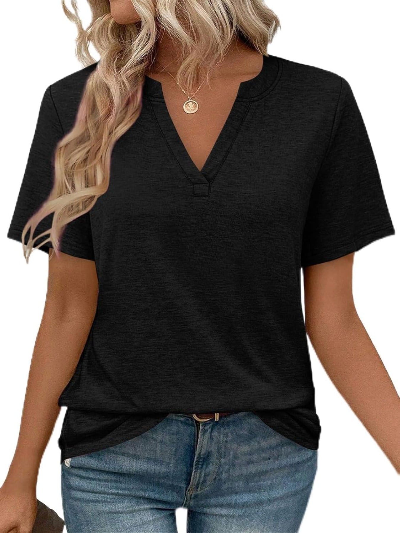 Solid Color Short Sleeve V Neck T Shirt