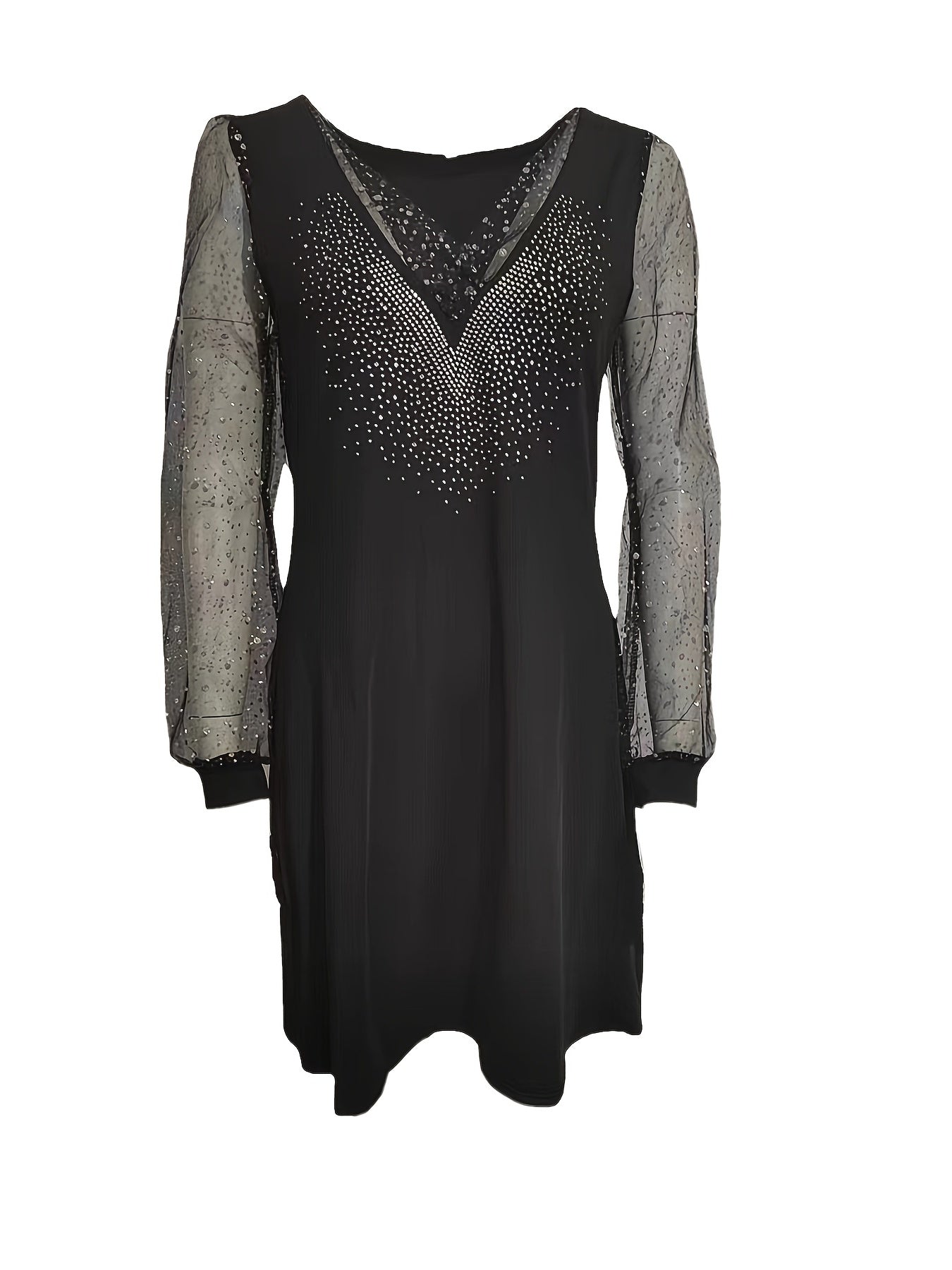 Solid Rhinestone V Neck Stitching Lace Dress, Casual Long Sleeve Loose Stylish Mini Dress