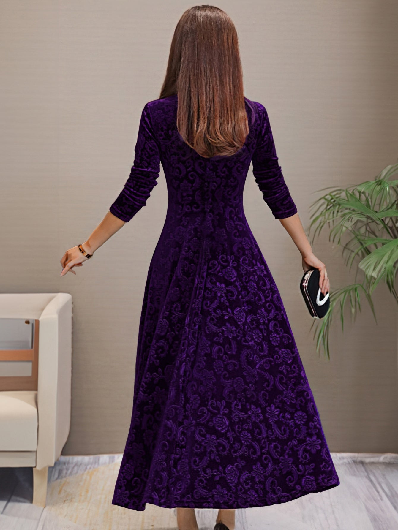 Solid Color Long Sleeve Dress, Elegant V Neck Flared Dress