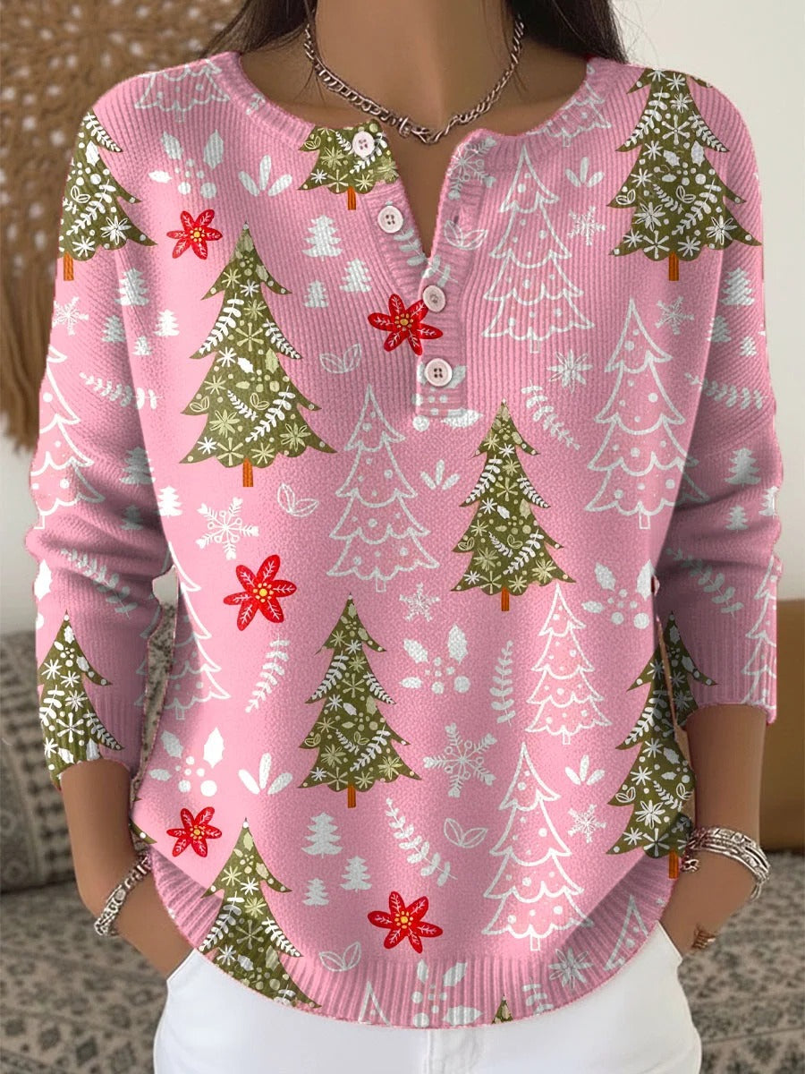 Christmas Green Tree Art Print Buttoned Sweater Tee